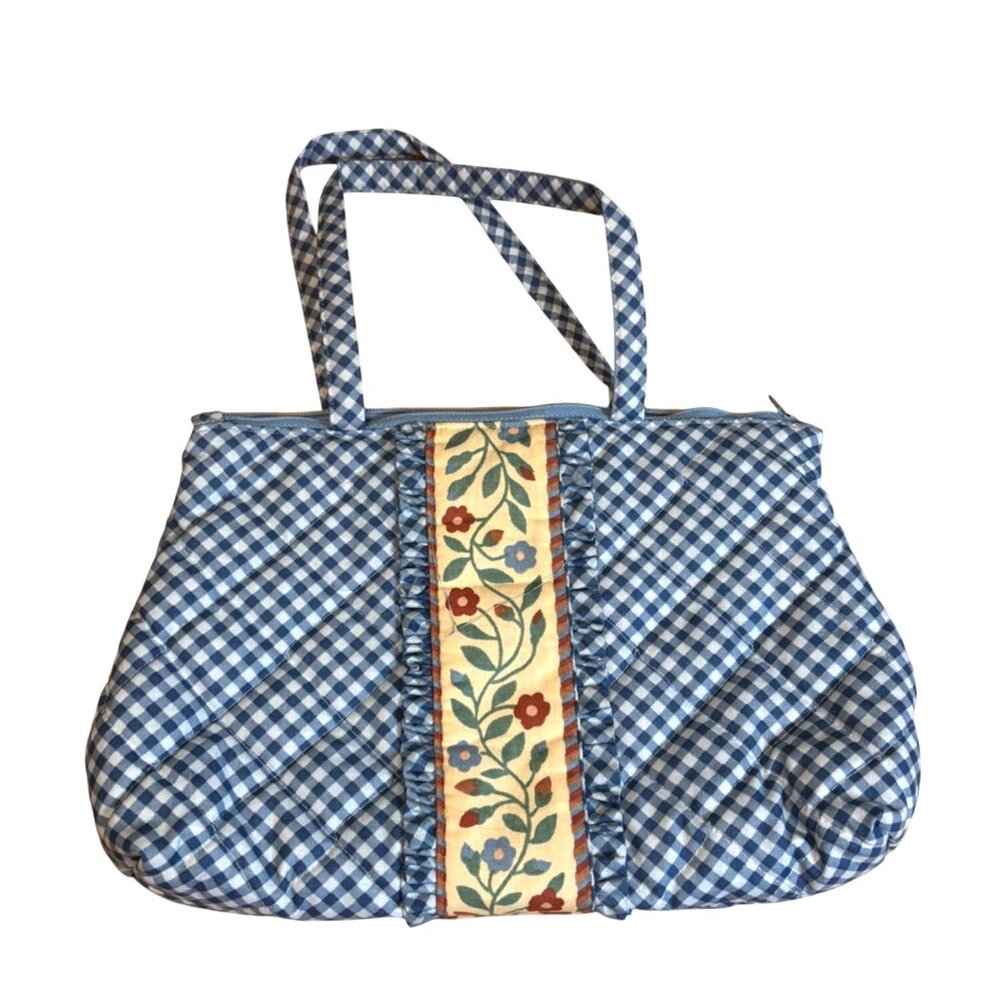 Gingham Quilted Tote Bag Ruffle Trim Floral Print Double Strap Blue Red Retro